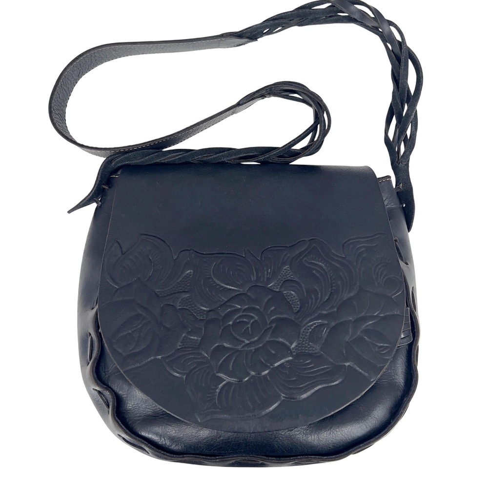 Patricia Nash Cavallina Black Tooled Leather Rose Crossbody Saddle Bag Western
